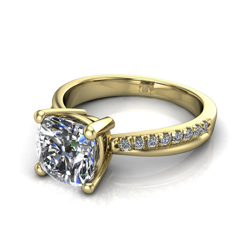 Everly cushion solitaire engagement ring in 14K Yellow Gold with micro-pavé band, three-quarter perspective view