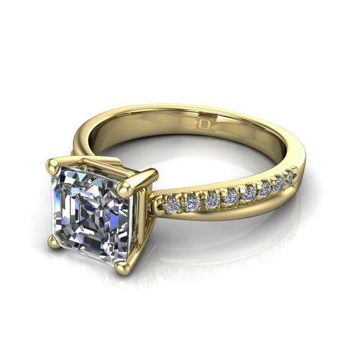 Everly asscher solitaire engagement ring in 18K Yellow Gold with micro-pavé band, three-quarter perspective view