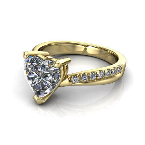 Everly heart solitaire engagement ring in 14K Yellow Gold with micro-pavé band, three-quarter perspective view