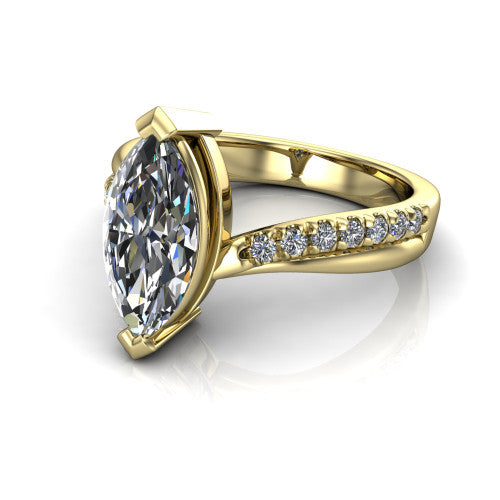 Everly marquise solitaire engagement ring in 14K Yellow Gold with micro-pavé band, three-quarter perspective view
