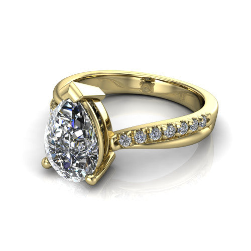 Everly pear solitaire engagement ring in 14K Yellow Gold with micro-pavé band, three-quarter perspective view