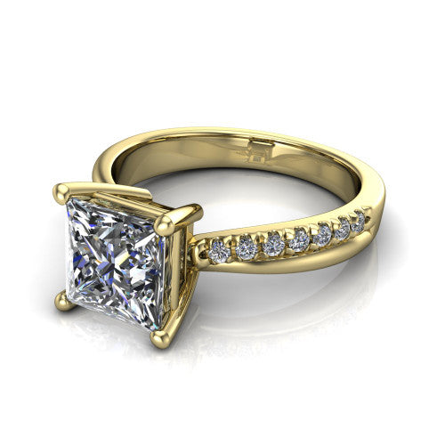 Everly princess solitaire engagement ring in 14K Yellow Gold with micro-pavé band, three-quarter perspective view