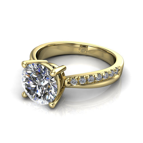 Everly round solitaire engagement ring in 18K Yellow Gold with micro-pavé band, three-quarter perspective view