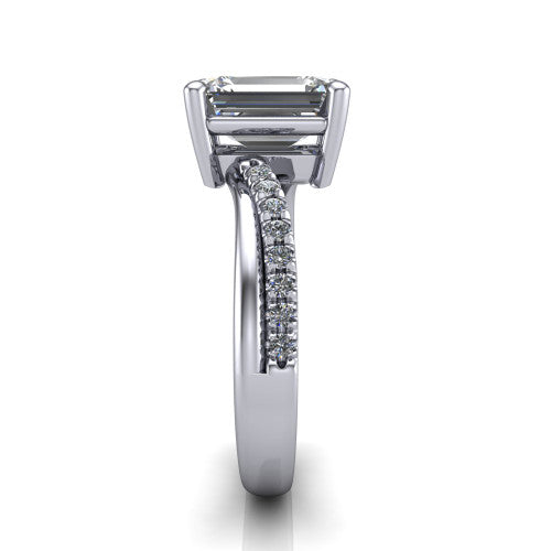 Everly emerald solitaire engagement ring in 18K White Gold with micro-pavé band, side profile showing the crossover pavé band and open under-gallery