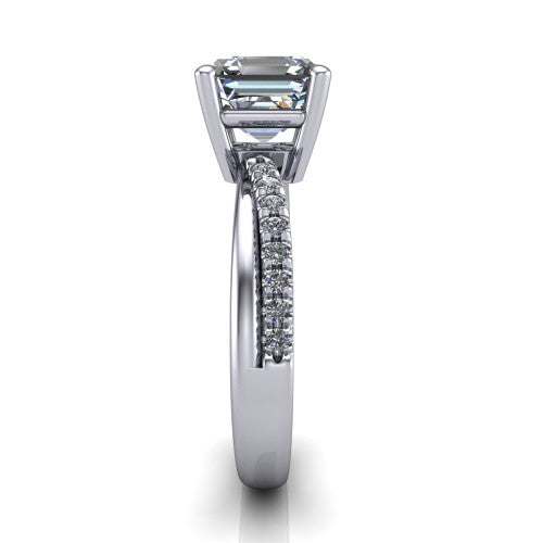 Everly asscher solitaire engagement ring in 14K White Gold with micro-pavé band, side profile showing the crossover pavé band and open under-gallery
