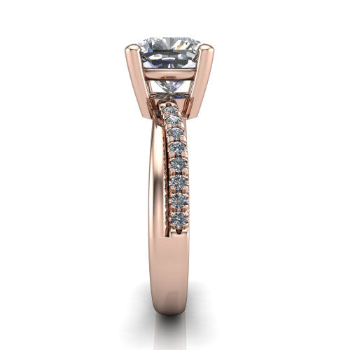 Everly cushion solitaire engagement ring in 14K Rose Gold with micro-pavé band, side profile showing the crossover pavé band and open under-gallery