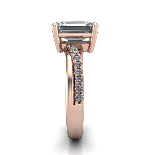 Everly emerald solitaire engagement ring in 14K Rose Gold with micro-pavé band, side profile showing the crossover pavé band and open under-gallery