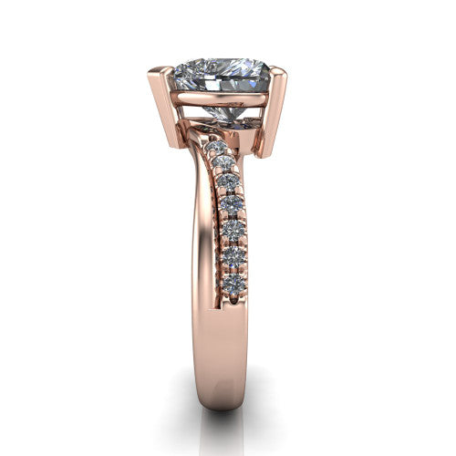 Everly heart solitaire engagement ring in 18K Rose Gold with micro-pavé band, side profile showing the crossover pavé band and open under-gallery