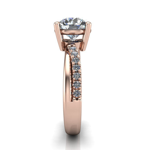 Everly round solitaire engagement ring in 14K Rose Gold with micro-pavé band, side profile showing the crossover pavé band and open under-gallery