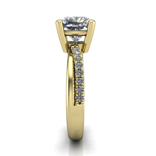 Everly cushion solitaire engagement ring in 14K Yellow Gold with micro-pavé band, side profile showing the crossover pavé band and open under-gallery
