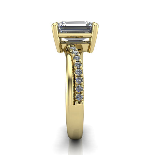 Everly emerald solitaire engagement ring in 18K Yellow Gold with micro-pavé band, side profile showing the crossover pavé band and open under-gallery