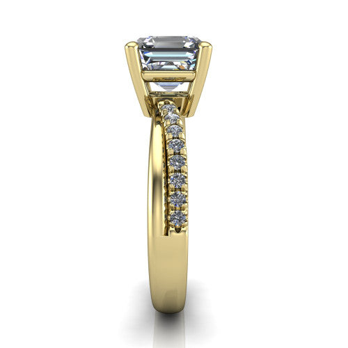Everly asscher solitaire engagement ring in 18K Yellow Gold with micro-pavé band, side profile showing the crossover pavé band and open under-gallery