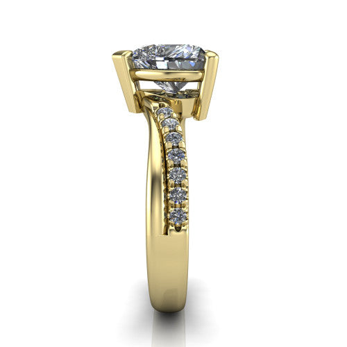 Everly heart solitaire engagement ring in 18K Yellow Gold with micro-pavé band, side profile showing the crossover pavé band and open under-gallery