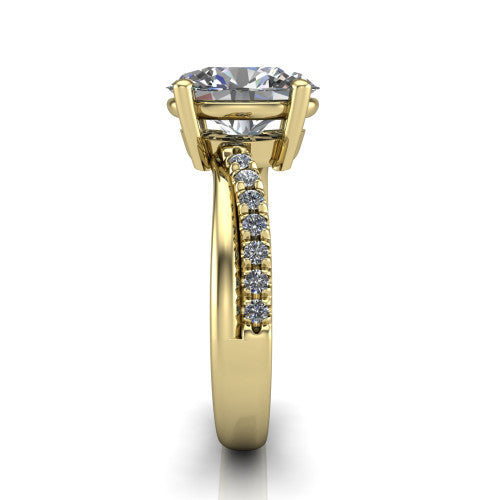 Everly oval solitaire engagement ring in 18K Yellow Gold with micro-pavé band, side profile showing the crossover pavé band and open under-gallery