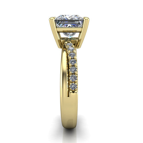 Everly princess solitaire engagement ring in 14K Yellow Gold with micro-pavé band, side profile showing the crossover pavé band and open under-gallery