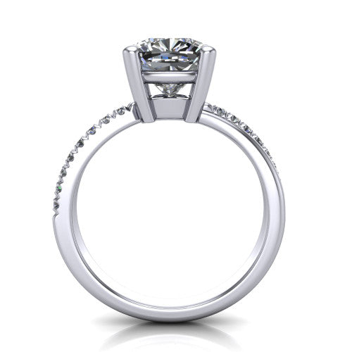 Everly cushion solitaire engagement ring in 14K White Gold with micro-pavé band, through-finger front profile