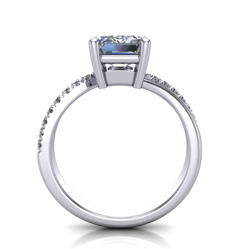 Everly emerald solitaire engagement ring in Platinum with micro-pavé band, through-finger front profile