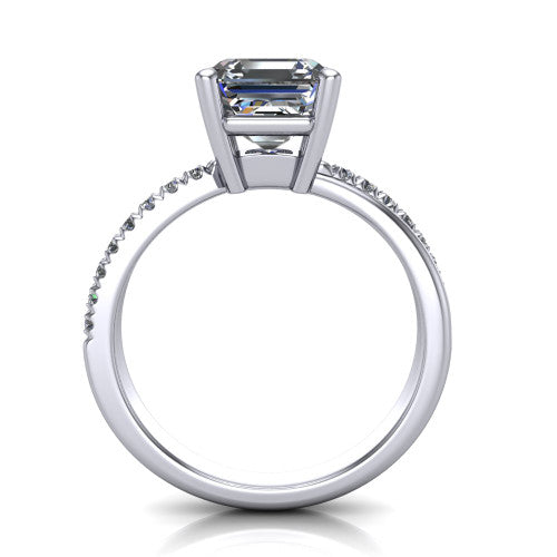 Everly asscher solitaire engagement ring in 14K White Gold with micro-pavé band, through-finger front profile