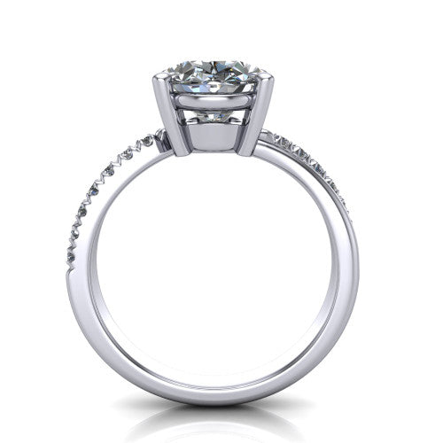 Everly oval solitaire engagement ring in Platinum with micro-pavé band, through-finger front profile