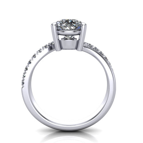 Everly pear solitaire engagement ring in Platinum with micro-pavé band, through-finger front profile