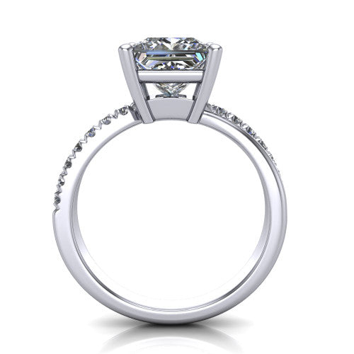 Everly princess solitaire engagement ring in 18K White Gold with micro-pavé band, through-finger front profile