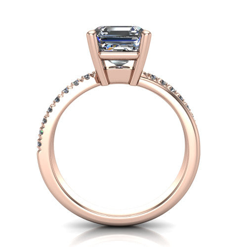 Everly asscher solitaire engagement ring in 18K Rose Gold with micro-pavé band, through-finger front profile