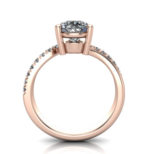 Everly pear solitaire engagement ring in 18K Rose Gold with micro-pavé band, through-finger front profile