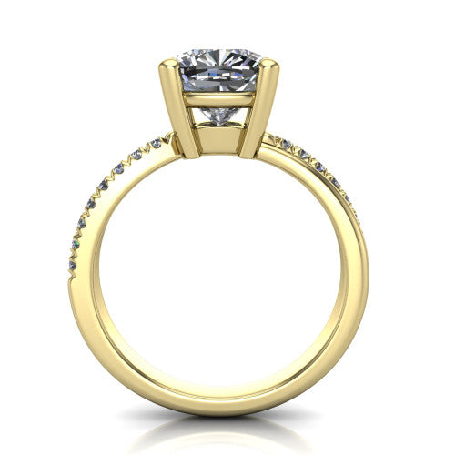 Everly cushion solitaire engagement ring in 14K Yellow Gold with micro-pavé band, through-finger front profile