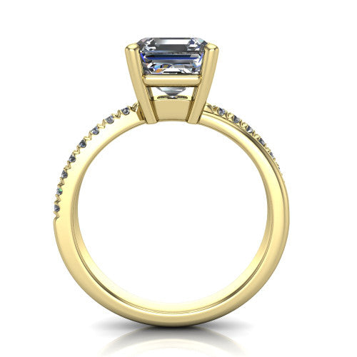 Everly asscher solitaire engagement ring in 18K Yellow Gold with micro-pavé band, through-finger front profile