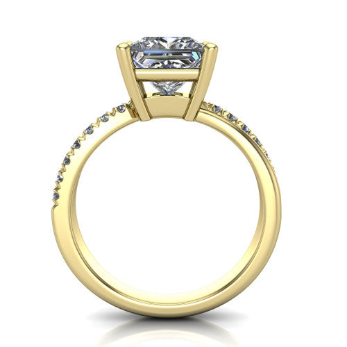 Everly princess solitaire engagement ring in 18K Yellow Gold with micro-pavé band, through-finger front profile
