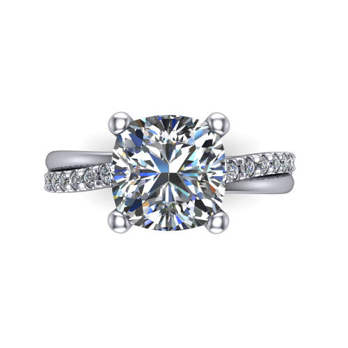 Everly cushion solitaire engagement ring in 14K White Gold with micro-pavé band, top-down view of the four-prong head and pavé band