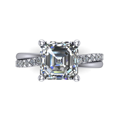 Everly asscher solitaire engagement ring in 14K White Gold with micro-pavé band, top-down view of the four-prong head and pavé band