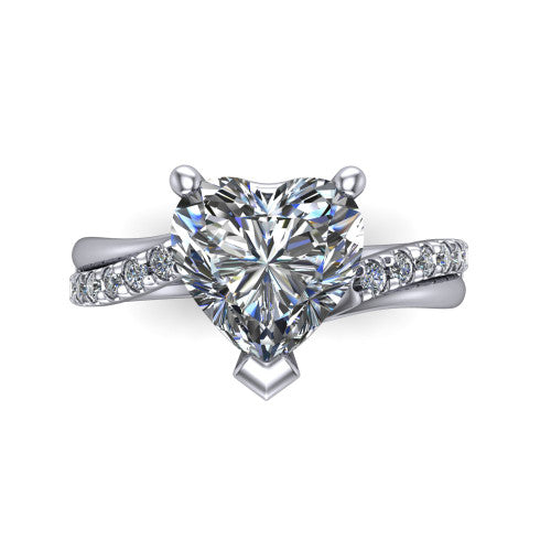 Everly heart solitaire engagement ring in Platinum with micro-pavé band, top-down view of the four-prong head and pavé band