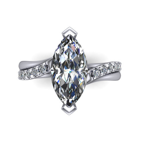 Everly marquise solitaire engagement ring in 14K White Gold with micro-pavé band, top-down view of the four-prong head and pavé band