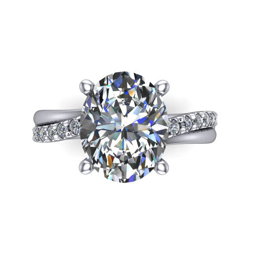Everly oval solitaire engagement ring in Platinum with micro-pavé band, top-down view of the four-prong head and pavé band