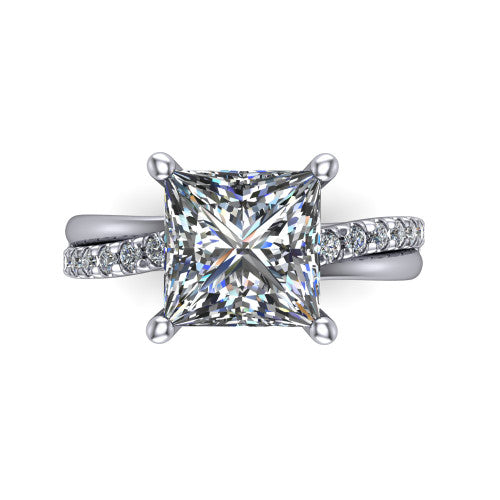Everly princess solitaire engagement ring in Platinum with micro-pavé band, top-down view of the four-prong head and pavé band