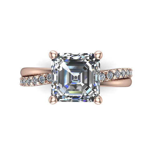 Everly asscher solitaire engagement ring in 18K Rose Gold with micro-pavé band, top-down view of the four-prong head and pavé band