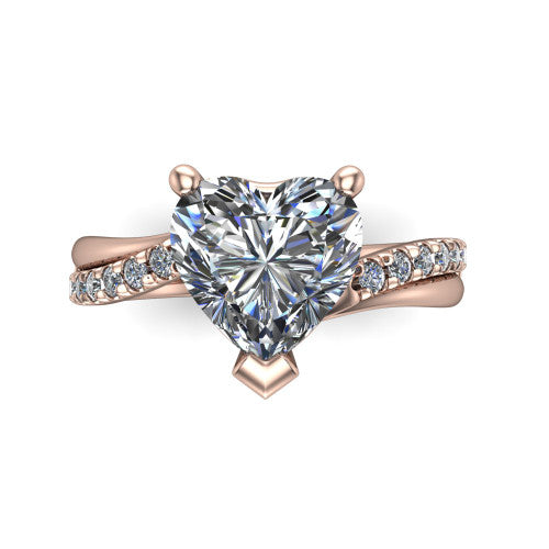 Everly heart solitaire engagement ring in 14K Rose Gold with micro-pavé band, top-down view of the four-prong head and pavé band