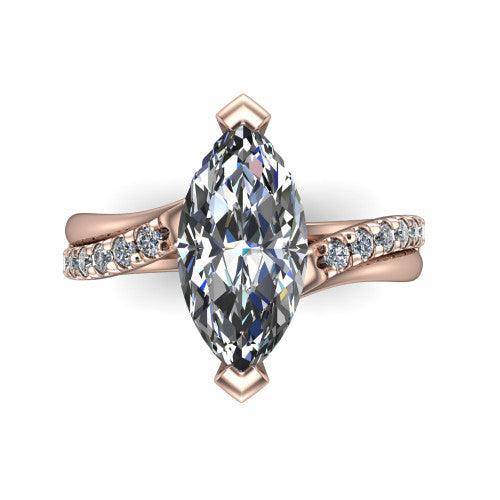 Everly marquise solitaire engagement ring in 14K Rose Gold with micro-pavé band, top-down view of the four-prong head and pavé band