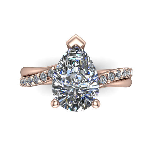 Everly pear solitaire engagement ring in 18K Rose Gold with micro-pavé band, top-down view of the four-prong head and pavé band