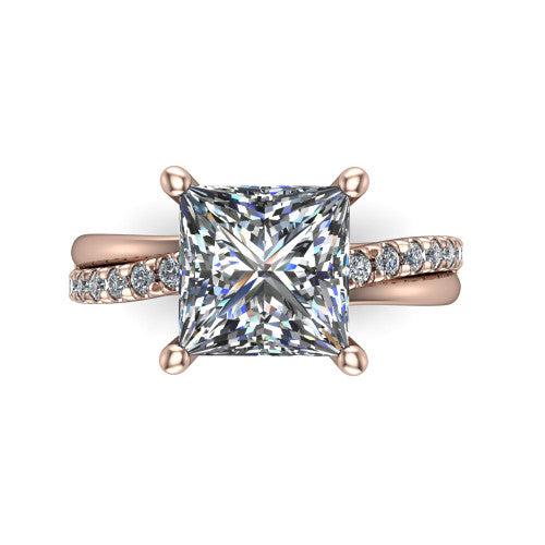 Everly princess solitaire engagement ring in 14K Rose Gold with micro-pavé band, top-down view of the four-prong head and pavé band