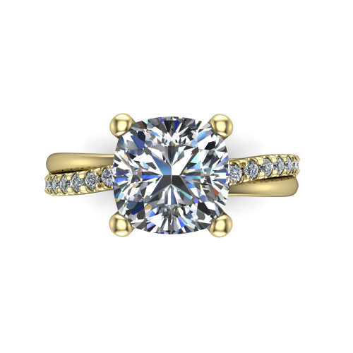 Everly cushion solitaire engagement ring in 14K Yellow Gold with micro-pavé band, top-down view of the four-prong head and pavé band