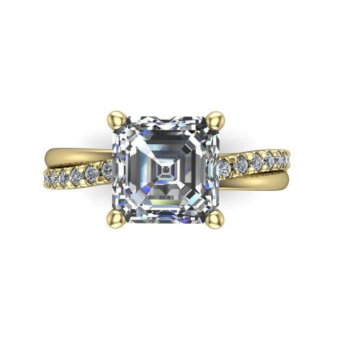 Everly asscher solitaire engagement ring in 18K Yellow Gold with micro-pavé band, top-down view of the four-prong head and pavé band