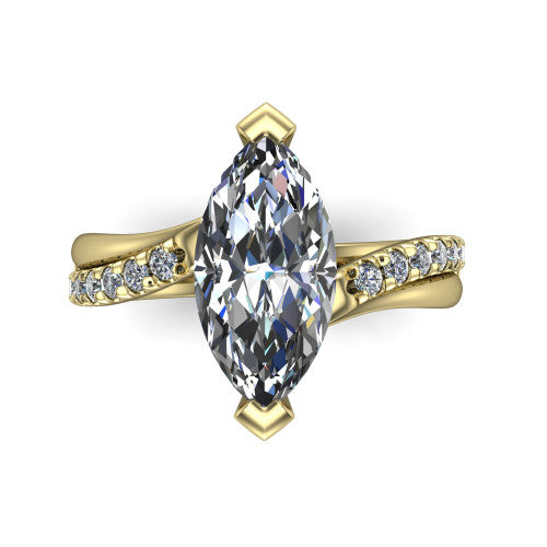 Everly marquise solitaire engagement ring in 14K Yellow Gold with micro-pavé band, top-down view of the four-prong head and pavé band