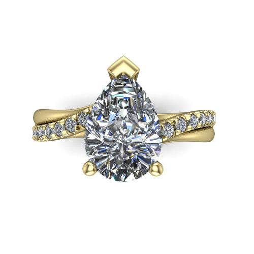 Everly pear solitaire engagement ring in 18K Yellow Gold with micro-pavé band, top-down view of the four-prong head and pavé band