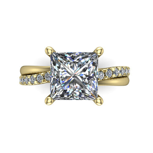 Everly princess solitaire engagement ring in 14K Yellow Gold with micro-pavé band, top-down view of the four-prong head and pavé band