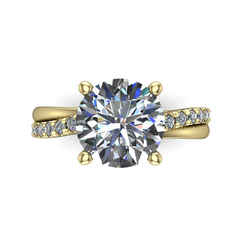 Everly round solitaire engagement ring in 18K Yellow Gold with micro-pavé band, top-down view of the four-prong head and pavé band