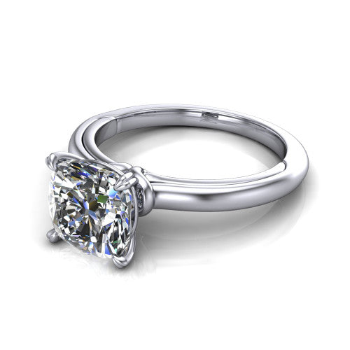 Leilani cushion solitaire engagement ring in 18K White Gold with double-prong head on a plain band, three-quarter perspective view