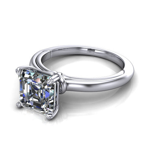 Leilani asscher solitaire engagement ring in Platinum with double-prong head on a plain band, three-quarter perspective view