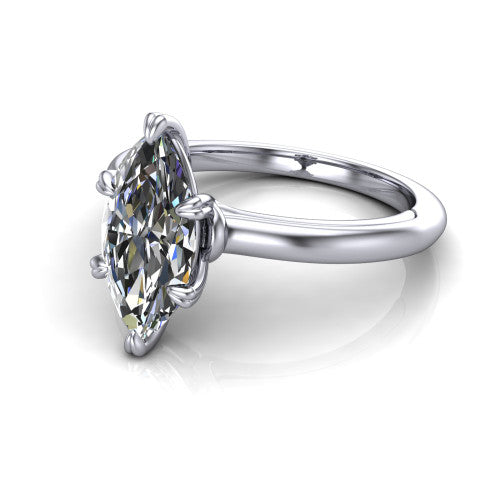 Leilani marquise solitaire engagement ring in 18K White Gold with double-prong head on a plain band, three-quarter perspective view